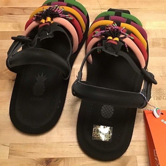 Farm Rio Beaded Rainbow Tube Strap Tassel Sandals with tropical print dust bag … - Picture 4 of 6